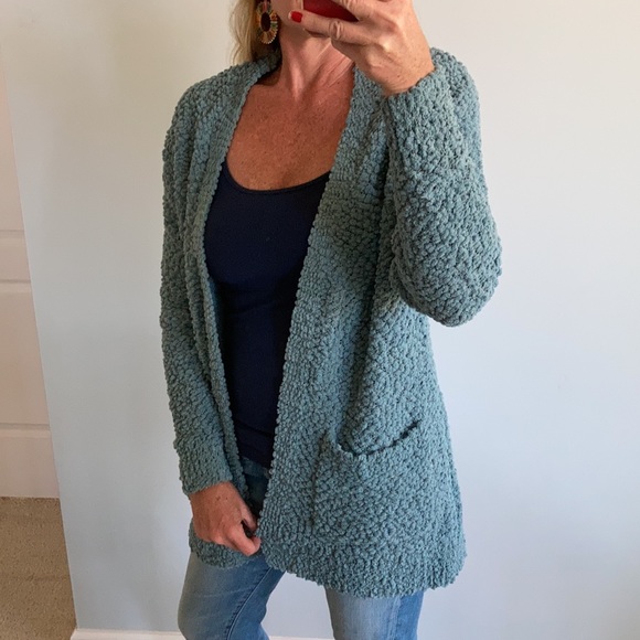 Blue/Green Color Popcorn Texture Open Cardigan - Picture 4 of 9